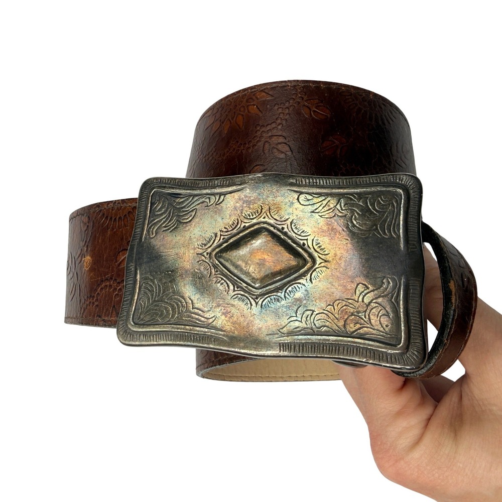 Avignon Belt Women L Brown Leather Floral Embossed Western Silver Tone Buckle